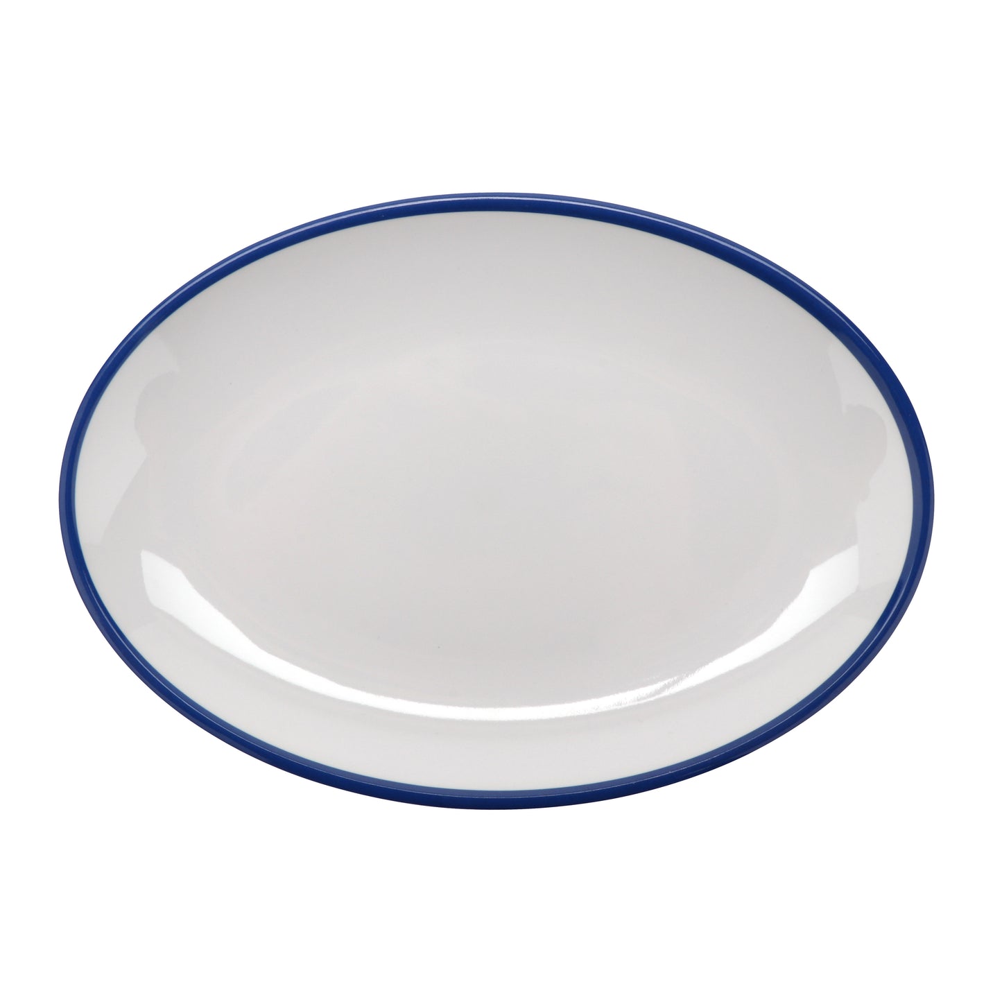 9" x 6.25" White with Blue Trim, Enamelware Melamine Small Oval Dinner Plate, Shared Appetizer Platter, G.E.T. Settlement Bistro (12 Pack)