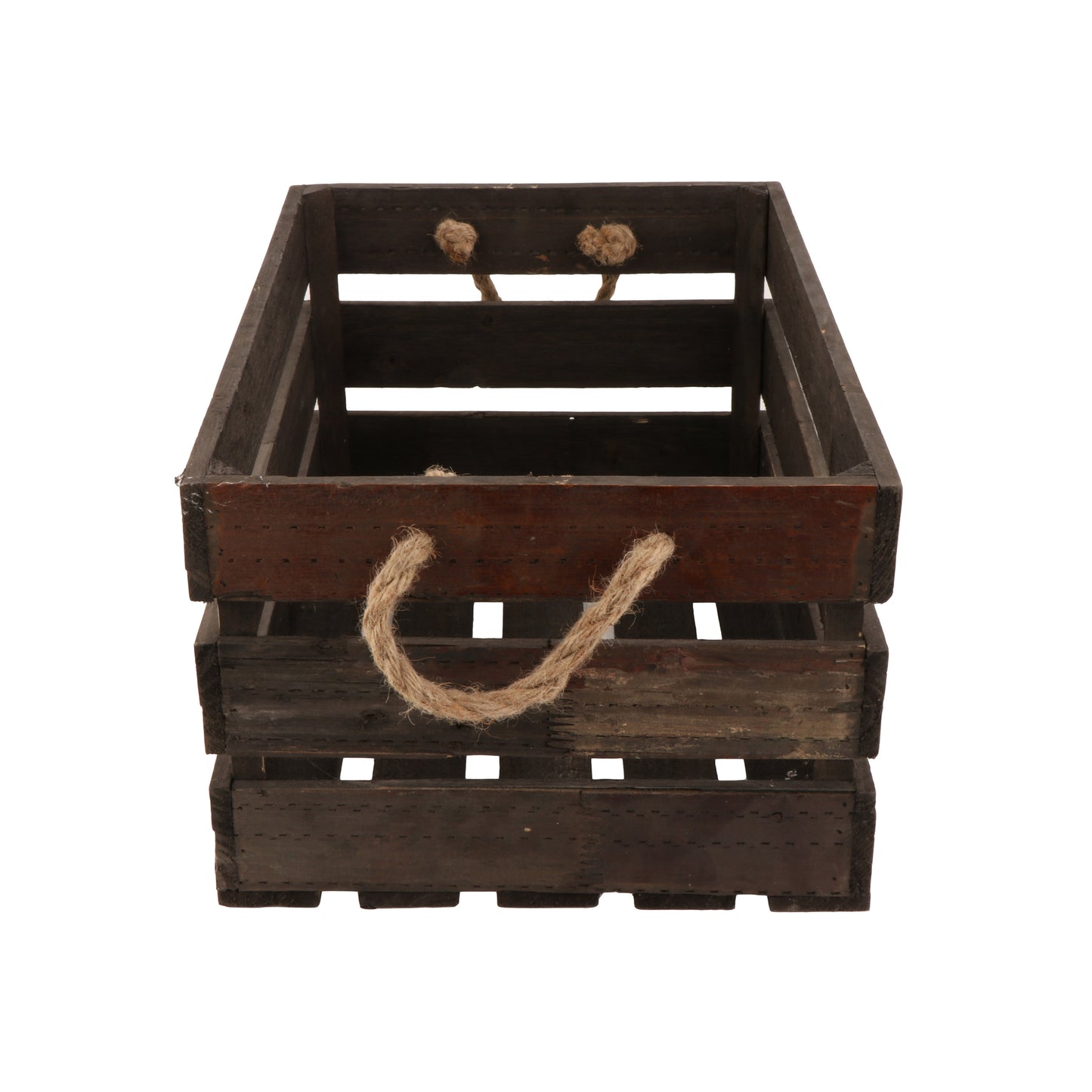 Set of 3 Rectangular Reclaimed Wood Crates with Rope Handles, 11.75" x 8.25", 7.5" tall, 15.25" x 10.5", 8.25" tall, 15.25" x 12.75", 9" tall