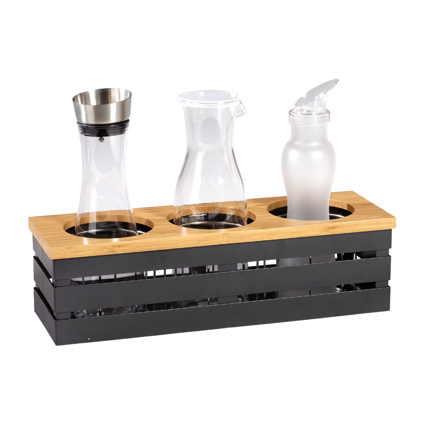 19" x 6" 3-Compartment Metal Crate for Beverage Display / Dressing, 5.5" tall. 4.88" Dia. Opening. Includes Ice Guard Insert (fits BW-1892 Plastic Decanter, GL-CRF-40 Glass Decanter, SDB-32 Salad Dressing Bottles)