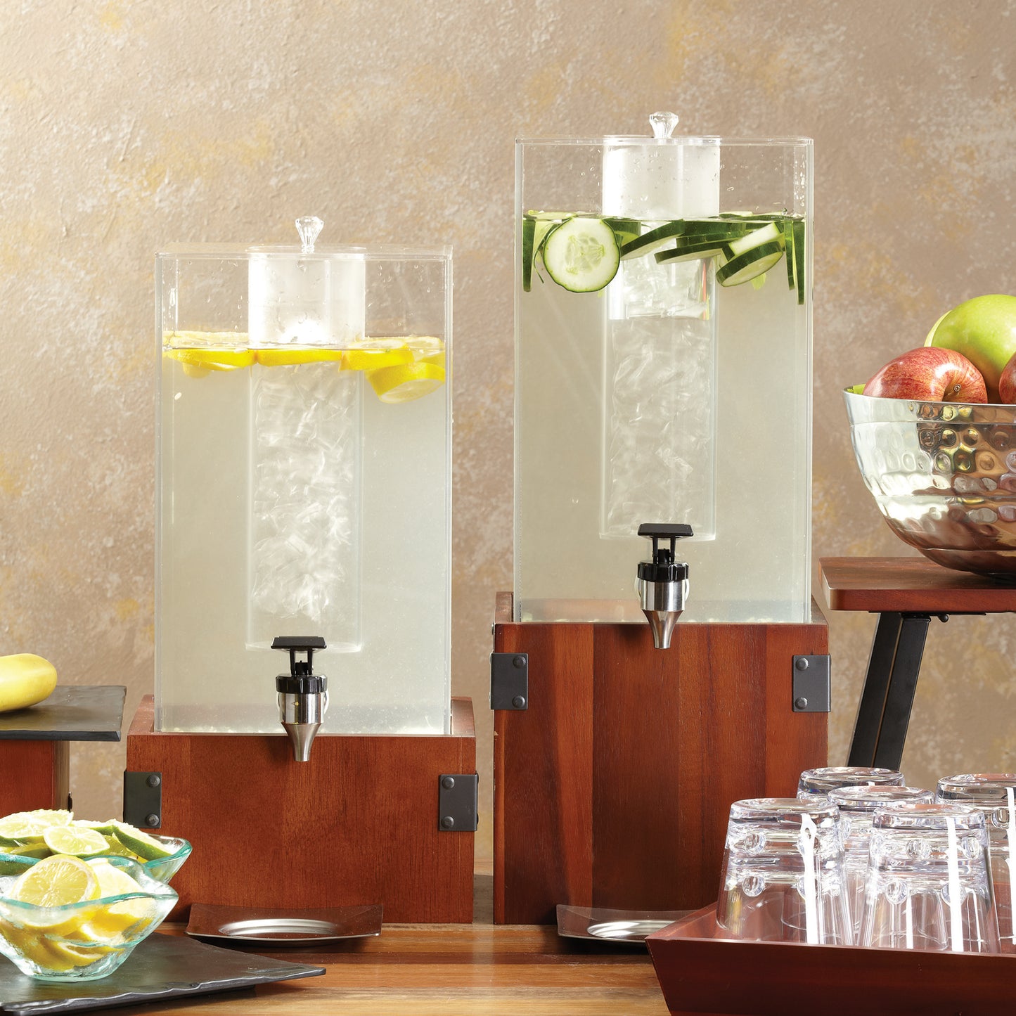 9.5" Square Wood Riser with Metal Brackets for Acrylic Juice / Beverage Dispenser, 5" tall (fits DISP-3)