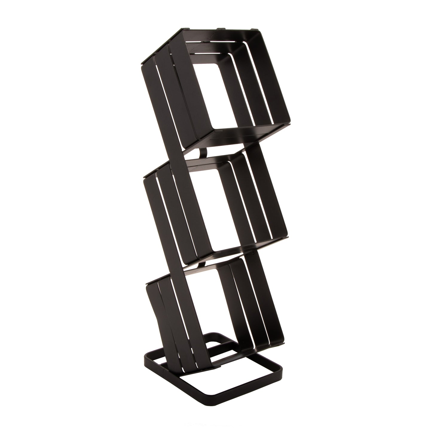 Metal three-tier Condiment Stand Gun Metal Grey, designed to hold GET 4" x 4" x 4" Wood and Glass Condiment Containers, 5" d x 4 1/4" w x15" h