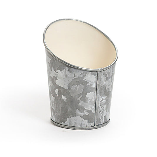 3.5" Dia. Angled Galvanized French Fry Cup w/ Ivory Powder Coated Interior, 2" tall front, 3.5" tall back