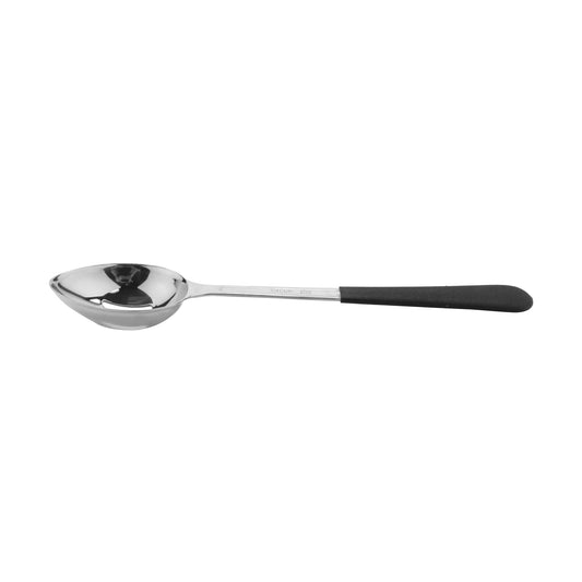 11.75" portion control slotted bowl spoon WITH TEXTURED BLACK PLASTIC DIPPED HANDLE. 2 oz ,  96@ per master carton, 6@ per inner carton