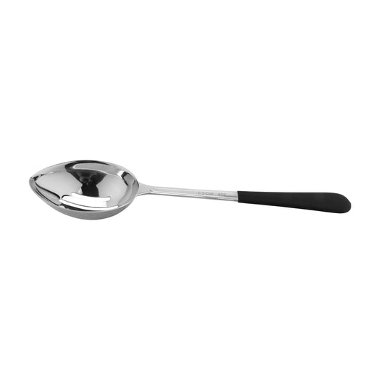12.75" portion control slotted bowl spoon WITH TEXTURED BLACK PLASTIC DIPPED HANDLE. 4 oz ,  96@ per master carton, 6@ per inner carton