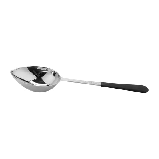 13.5" portion control slotted bowl spoon WITH TEXTURED BLACK PLASTIC DIPPED HANDLE. 6.. oz ,  96@ per master carton, 6@ per inner carton