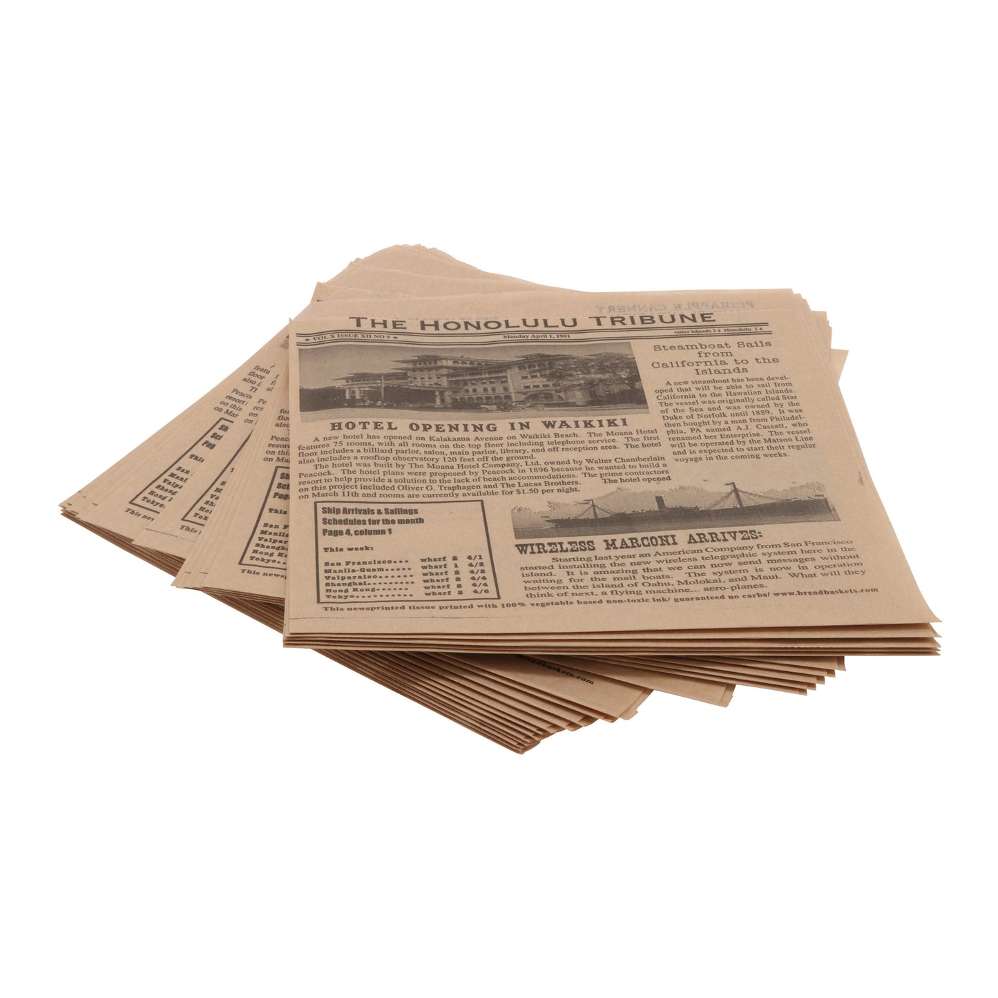 7" x 7" Food-Safe Double-Open Bag / Wire Cone Basket Liner / Deli Wrap, Honolulu Newsprint Brown, 2000 pieces./cs.