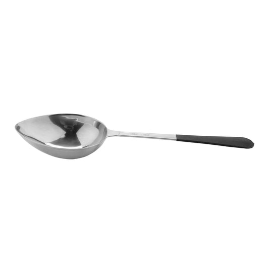 13.625" portion control solid bowl spoon WITH TEXTURED BLACK PLASTIC DIPPED HANDLE. 8 oz ,  96@ per master carton, 6@ per inner carton