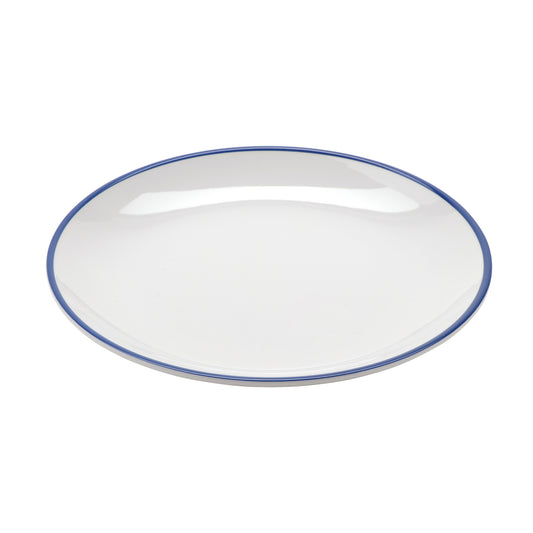 9" White with Blue Trim, Enamelware Melamine Small Round Dinner Plate, G.E.T. Settlement Bistro (12 Pack)
