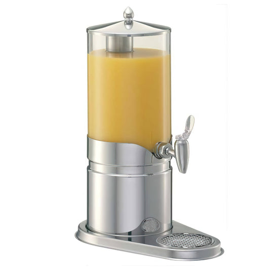 5.3 qt. / 1.3 gal. / 5L Juice Dispenser Set with Stainless Steel Base. Includes SAN Plastic Container, Crushed Ice Tube, Drip Tray, and Cooling Pack in the Base. 14.6" x 9.3", 19.3" tall. FRILICH ESC050E ELEGANCE