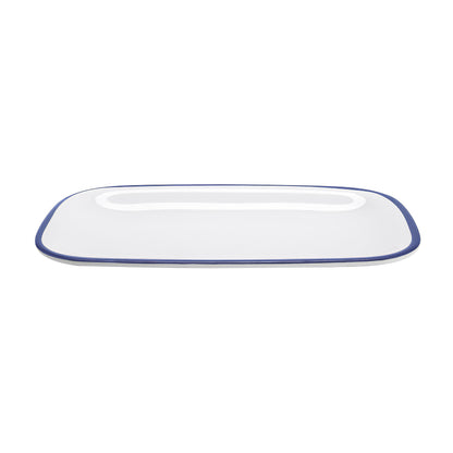 11.75" x 7.75" White with Blue Trim, Enamelware Melamine Rectangular Dinner Platter, Large Serving Platter, G.E.T. Settlement Bistro (12 Pack)