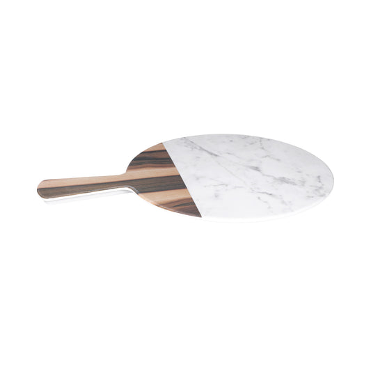 Melamine Round Serving Board - Hickory Wood, Carrara Marble