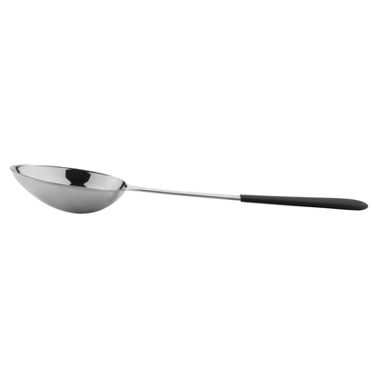 12.75" portion control solid bowl spoon WITH TEXTURED BLACK PLASTIC DIPPED HANDLE. 4 oz ,  96@ per master carton, 6@ per inner carton,