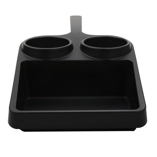 16.75" L x 8.7" W x 4" H, Black, ABS, Window Service Tray with Single Handle, Double Cup Holder, 3.25" Dia., Serving Area, 6" L x 7.875" W, 2.75" Deep, G.E.T. Serving Trays