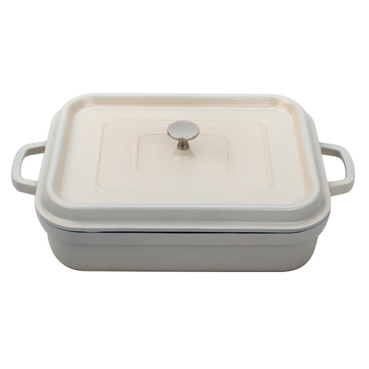 5 qt. Cast Aluminum, Antique White with Clear Coat and Black Interior, Induction Ready Rectangular Roaster with Lid, (5.25 qt. rim-full), 12.88" x 10.88", 2.76" Deep, G.E.T. Heiss