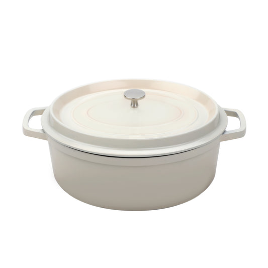 6.5 qt. Cast Aluminum, Antique White with Clear Coat and Black Interior, Induction Ready Oval Dutch Oven with Lid, (7 qt. rim-full), 12.13" x 9.88", 4.25" Deep, G.E.T. Heiss