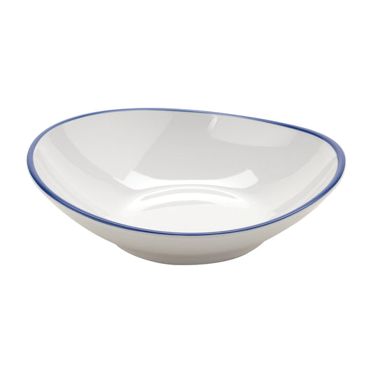 6 oz. White with Blue Trim, Enamelware Melamine Shallow Bowl, 8 oz. rim-full, 5.75" x 5.25", 1.25" deep, G.E.T. Settlement Bistro (12 Pack)