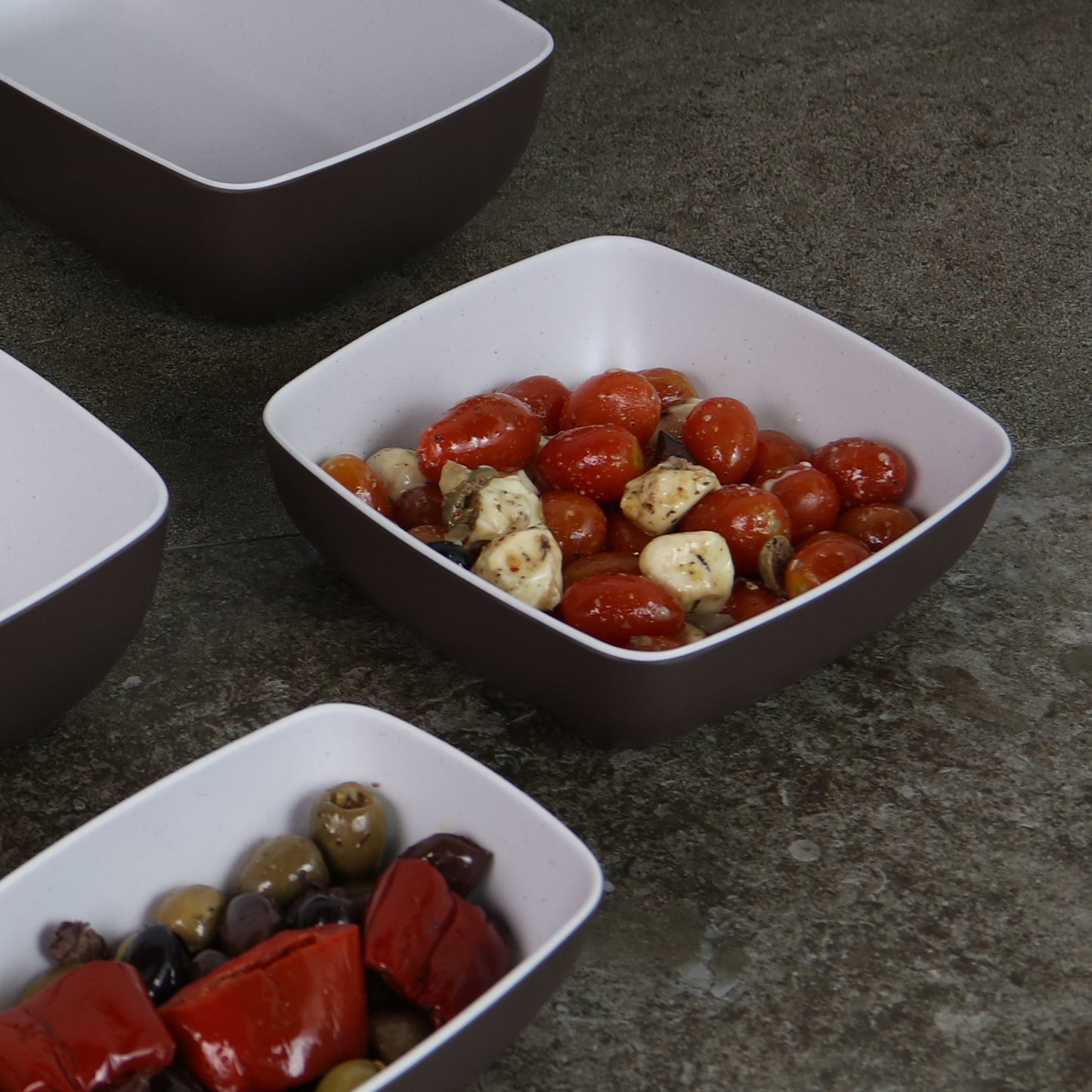 Melamine Square Bowl - White Speckle Inside, Chocolate Outside