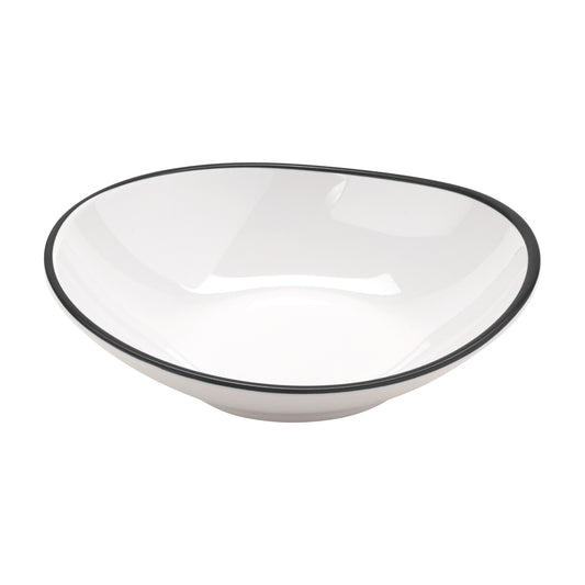 10 oz. White with Black Trim, Enamelware Melamine Shallow Bowl, 12 oz. rim-full, 7" x 6.75", 1.5" deep, G.E.T. Settlement Bistro (12 Pack)