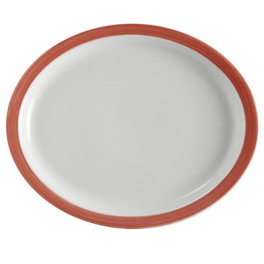 13" x 11" Coral Porcelain Rolled Edge Oval Platter with Narrow Rim, Corona Calypso (12 Pack)