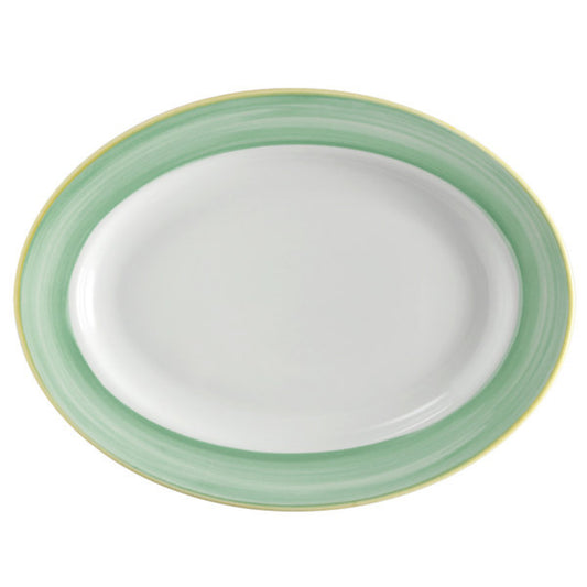 10" x 7 1/2" Green Porcelain Rolled Edge Oval Platter with Rim, Corona Calypso (12 Pack)