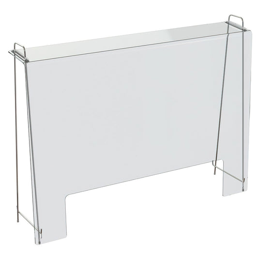 Portable clear acrylic sanitary sneeze guard/shield barrier on metal stand with window 9.84"L x 35.43"W x 34.06"