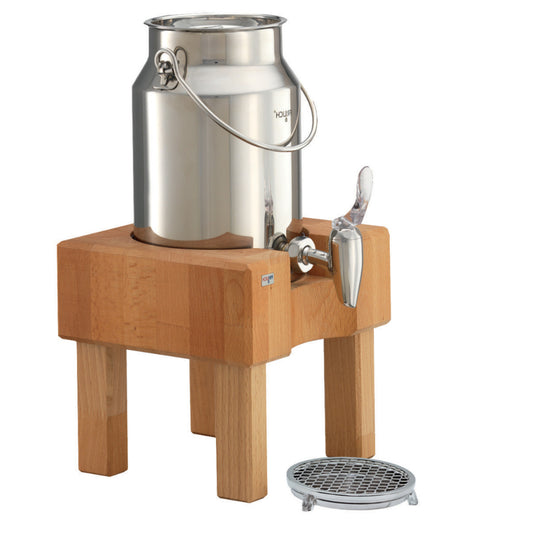 3.2 qt. / 0.8 gal. / 3L Stainless Steel Milk Dispenser Set with Beech Wood Stand. Includes Stainless Steel Can, Crushed Ice Tube, Drip Tray, and Cooling Pack. 8.9" x 8.7", 15" tall. FRILICH RMC030X004 PURE NATURE
