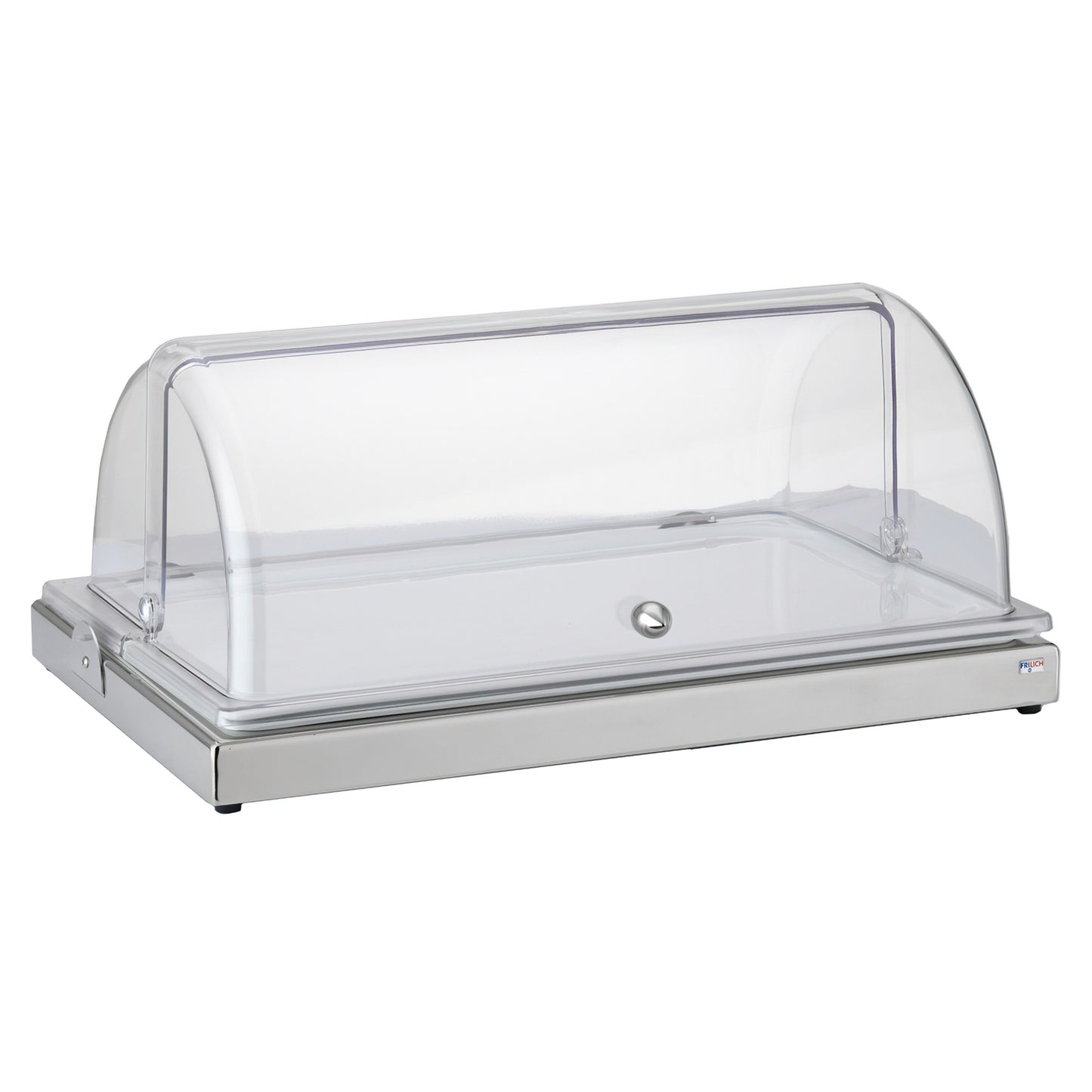 Full Size Rectangular Cold Food Display Set. Includes Stainless Steel Base, Plastic Inset Tray, 6 Cooling Packs, and White China Plate. 21.6" x 13.7", 2.2" tall. FRILICH EFC000E019 UNISON (Fits 10078 Dome Cover)
