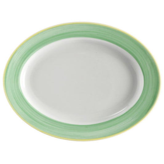 12" x 9" Green Porcelain Rolled Edge Oval Platter with Rim, Corona Calypso (12 Pack)