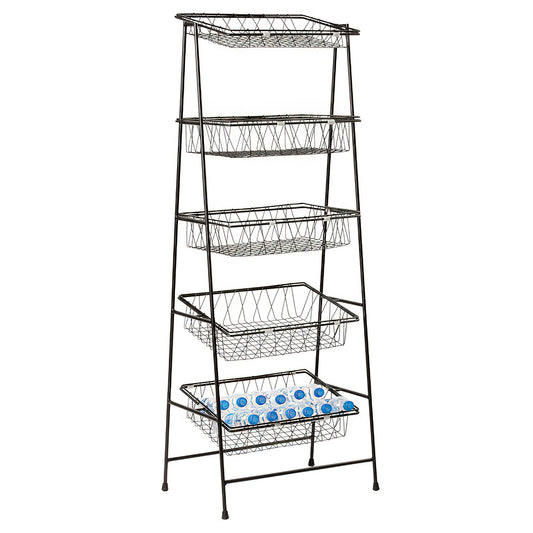 Five Tier Merchandising Rack w/o Top Crossbar, 21.5"W x 14"D x 57"H, three shelves tilted, two middle shelves straight, powder coated iron, matte metal gray, fits baskets and trays, IR-903, IR-904, BAMTRY-01, BAMTRY-02, WB-954, WB-1812WD, WB-1814WD, G.E.T
