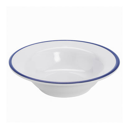 4.5 oz.  White with Blue Trim, Enamelware Melamine Small Round Side Dish Bowl, 5.5 oz. rim-full, 5" dia., 1.25" deep, G.E.T. Settlement Bistro (12 Pack)