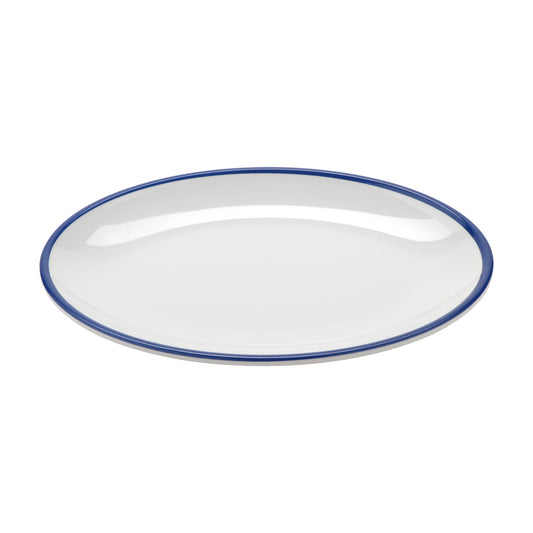 9" x 6.25" White with Blue Trim, Enamelware Melamine Small Oval Dinner Plate, Shared Appetizer Platter, G.E.T. Settlement Bistro (12 Pack)