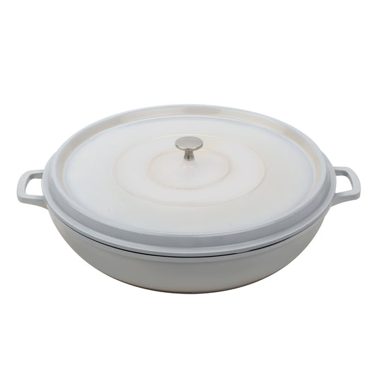 7.5 qt. Cast Aluminum, Antique White with Clear Coat and Black Interior, Induction Ready Round Braiser with Lid, (8 qt. rim-full), 14.74" Top Dia., (17.96" Top Dia. with Handles), 5.2" Tall with Lid, 3.17" Deep, G.E.T. Heiss
