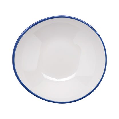 10 oz. White with Blue Trim, Enamelware Melamine Shallow Bowl, 12 oz. rim-full, 7" x 6.75", 1.5" deep, G.E.T. Settlement Bistro (12 Pack)