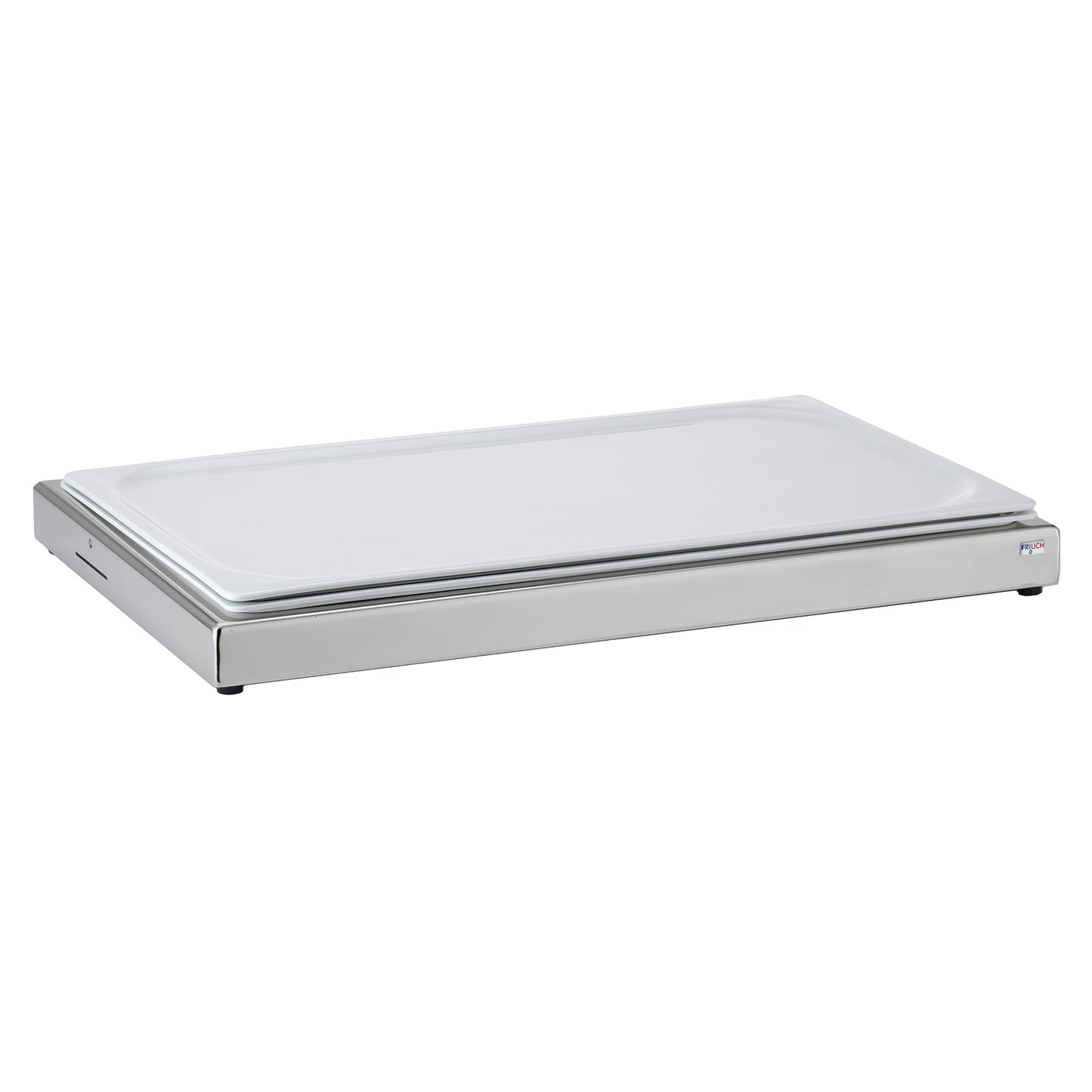Full Size Rectangular Cold Food Display Set. Includes Stainless Steel Base, Plastic Inset Tray, 6 Cooling Packs, and White China Plate.