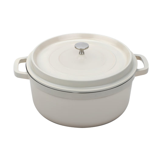 6.5 qt. Cast Aluminum, Antique White with Clear Coat and Black Interior, Induction Ready Round Dutch Oven with Lid, (7 qt. rim-full), 11" Top Dia., 4.5" Deep, G.E.T. Heiss