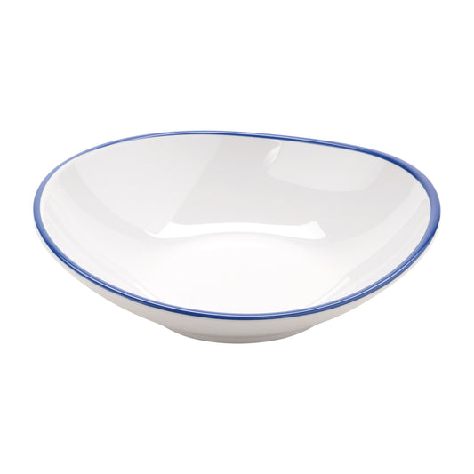 10 oz. White with Blue Trim, Enamelware Melamine Shallow Bowl, 12 oz. rim-full, 7" x 6.75", 1.5" deep, G.E.T. Settlement Bistro (12 Pack)