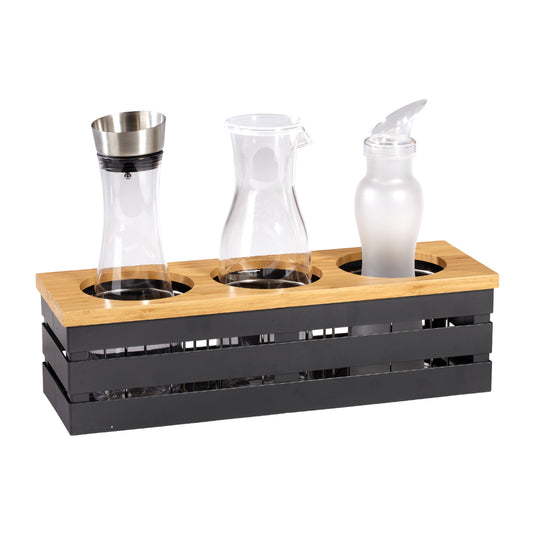 19" x 6" 3-Compartment Metal Crate for Beverage Display / Dressing, 5.5" tall. 4.88" Dia. Opening. Includes Ice Guard Insert (fits BW-1892 Plastic Decanter, GL-CRF-40 Glass Decanter, SDB-32 Salad Dressing Bottles)