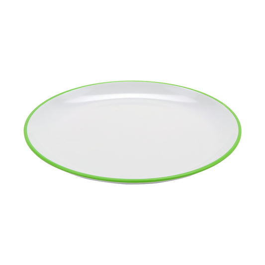 10.5" White Base with Green Trim, Melamine Round Dinner Plate, G.E.T. Settlement Oasis (12 Pack)