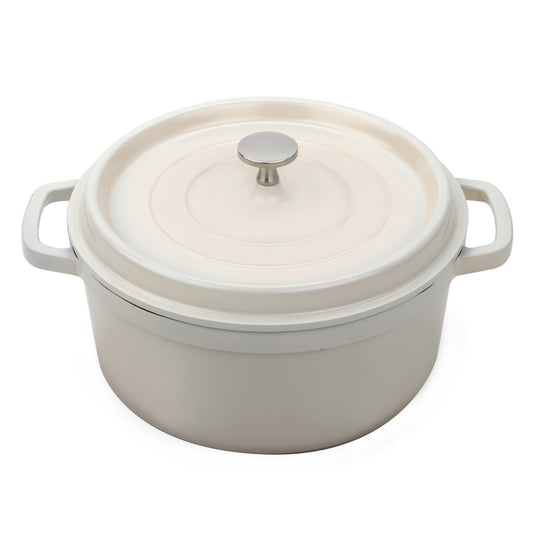 4.5 qt. Cast Aluminum, Antique White with Clear Coat and Black Interior, Induction Ready Round Dutch Oven with Lid, (5 qt rim-full), 9.5" Top Dia., 4.25" Deep, G.E.T. Heiss