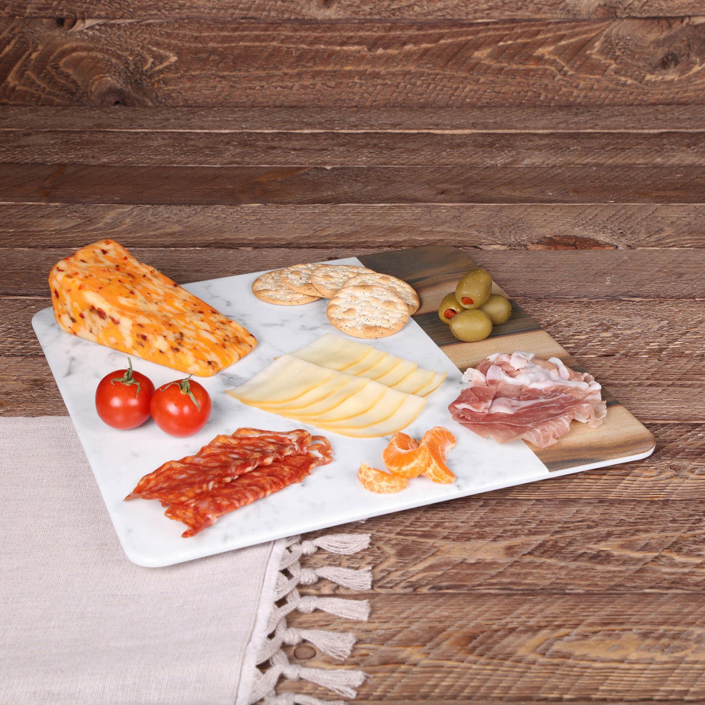 Melamine Square Serving Board - Hickory Wood, Carrara Marble