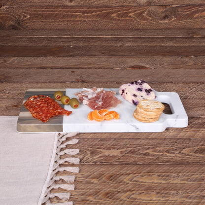 Melamine Rectangular Serving Board w/ Handle - Hickory Wood, Carrara Marble