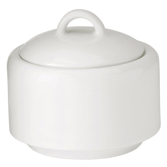 8.5 oz. Bright White Porcelain Sugar Bowl with Lid, 4" Dia., Corona Actualite (Stocked) (12 Pack)