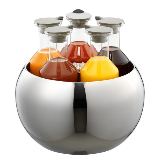 5-Carafe Polished Stainless Steel Beverage Tub Set. Includes Double Wall Stainless Steel Tub with Removable Stainless Steel Crushed Ice Tube, 5 Tritan Plastic Carafes (1.3 qt. / 1.2L ea.) with Stainless Steel Lids. 13.8" dia., 12.6" tall w/ Carafes, FRILI