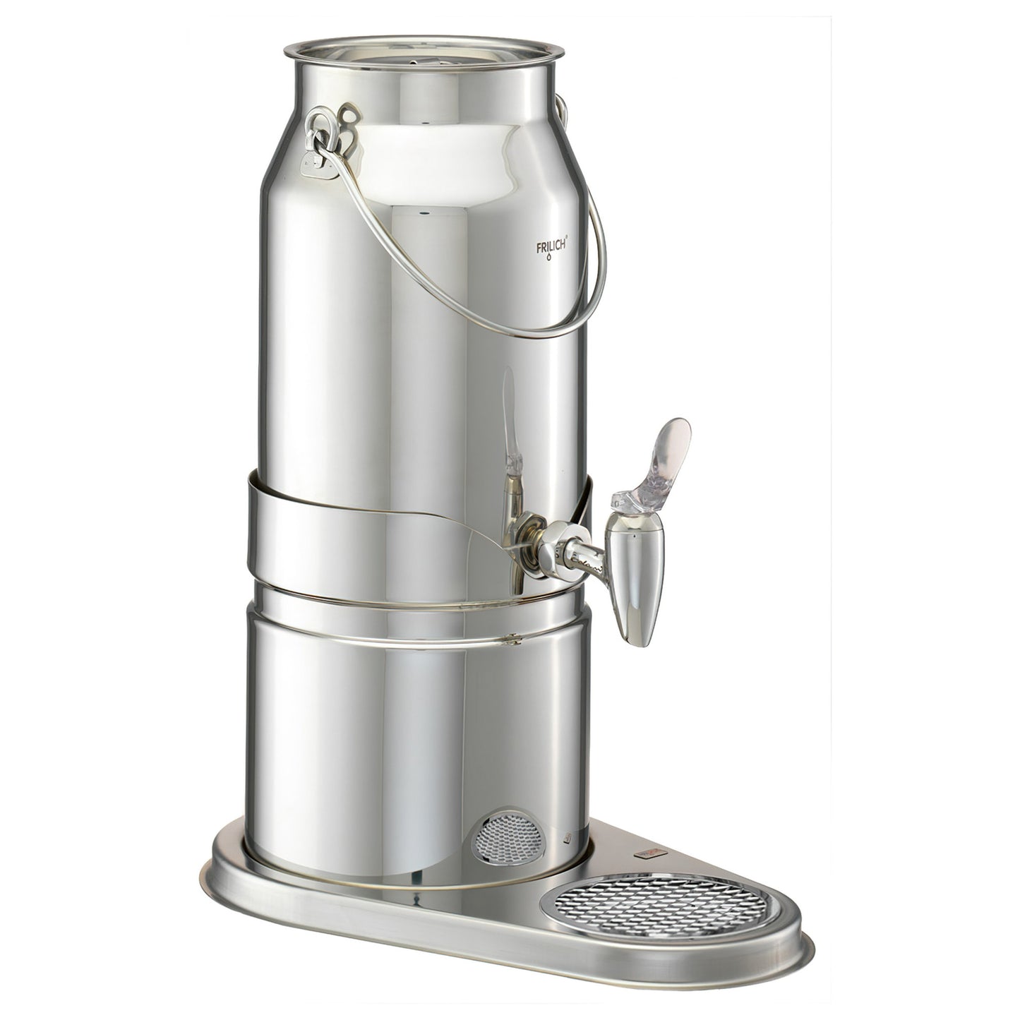 3.2 qt. / 0.8 gal. / 3L Stainless Steel Milk Dispenser Set. Includes Stainless Steel Can, Crushed Ice Tube, Drip Tray, Cooling Pack, and Base. 13.2" x 8.1", 15.7" tall, FRILICH EMC030E ELEGANCE