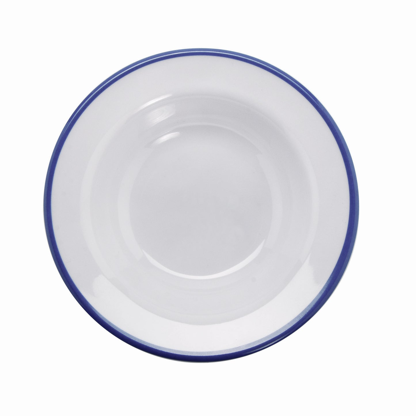 4.5 oz.  White with Blue Trim, Enamelware Melamine Small Round Side Dish Bowl, 5.5 oz. rim-full, 5" dia., 1.25" deep, G.E.T. Settlement Bistro (12 Pack)