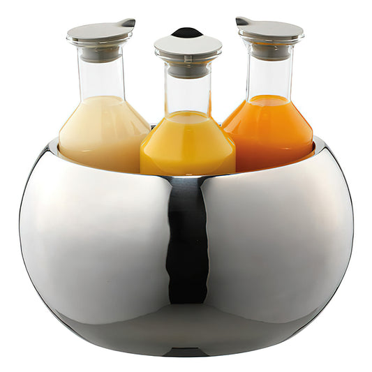 3-Carafe Polished Stainless Steel Beverage Tub Set. Includes Double Wall Stainless Steel Tub with Removable Stainless Steel Crushed Ice Tube, 3 Tritan Plastic Carafes (1.3 qt. / 1.2L ea.) with Stainless Steel Lids. 12.6" dia., 12.9" tall w/ Carafes, FRILI