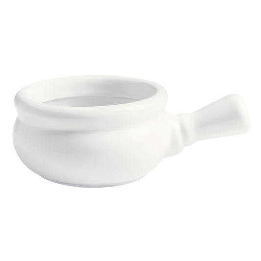 10.7 oz. Bright White Porcelain French Onion Soup Bowl, 7" w/Handle, Corona Actualite (Stocked) (12 Pack)