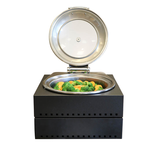 Strata Round Chafing Dish Kit, includes: (1) 4 qt., 16-1/2" x 6-3/8", stainless steel insert with a glass clamshell lid and 2 1/2" deep food pan ST11602118, (1) 16-1/2" x 16-1/2" x 5-1/4" 18 gauge powder coated galvanized steel deck unit ST11602116, (1) 1