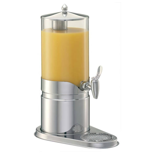 2.6 qt. / 0.7 gal. /2.5L Juice Dispenser Set with Stainless Steel Base. Includes SAN Plastic Container, Crushed Ice Tube, Drip Tray, and Cooling Pack in the Base. 13.2" x 8.1", 17.1" tall. FRILICH ESC025E ELEGANCE