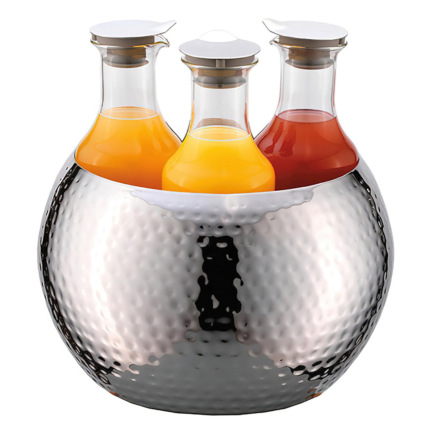 3-Carafe Hammered Stainless Steel Beverage Tub Set. Includes Double Wall Stainless Steel Tub with Removable Stainless Steel Crushed Ice Tube, 3 Tritan Plastic Carafes (1.3 qt. / 1.2L ea.) with Stainless Steel Lids. 12.6" x 12.6", 12.9" tall. FRILICH ESC03